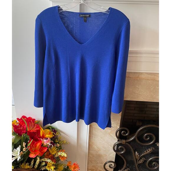 Eileen Fisher Royal Blue V-Neck Merino Wool Long Sleeve Sweater Sz S - Picture 1 of 5